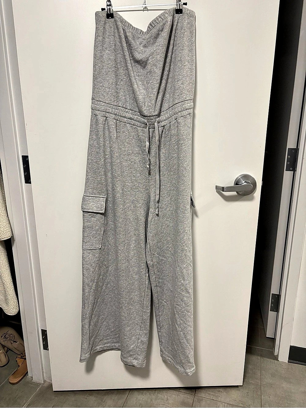 American Eagle Heather Grey Strapless Drawstring Jumpsuit